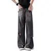 Calça jeans masculina com design rasgado estilo americano, calça pantalona retro trendy de alta rua, calça leve de verão