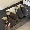 Sandálias de encaixe de lã retrô para mulheres, 06 novo estilo outono/inverno, sapatos Birkenstock de feltro cinza com sola grossa