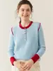 Nuevo Suéter de Cachemira Pura para Mujer Otoño e Invierno con Cuello Redondo Grueso, Mangas de Color Contrastante, Medio Botones, Canalé, Tejido Cálido