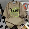 Camiseta Manga Curta Estampada de Gatinho Fofa e Divertida para Mulheres, Novo Estilo Verão 2025, Blusa Solta Casual e Versátil