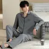 Pijama casual para hombre estilo coreano, algodón puro, camisa tipo cárdigan de manga larga con cuello simple, conjunto de ropa de estar de algodón para otoño e invierno