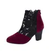 Botines de encaje de malla para mujer con tacón ultraalto, bloques de color, punta redonda y tacón grueso, comercio exterior europeo y americano 2023