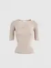 Top de punto fino color albaricoque con cuello en V ajustado de manga media para mujer, Camiseta de manga corta para primavera y verano, Camisa base única de manga media para interior