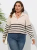 Suéter Feminino Novo Estilo Transfronteiriço Europeu e Americano Tamanho Grande Feminino Tricô Listrado Patchwork Gola Alta com Zíper Solto Suéter Tecido