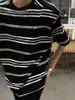 Camiseta Listrada em Preto e Branco Estilo Retrô Americano Manga Curta Masculina Marca da Moda Algodão Puro Estilo Preguiçoso Oversize Verão Novo Meia-Manga