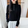 Elegante y discreto suéter de cuello semi-alto abotonado 100% lana pura para mujer, simple y versátil, camiseta base de punto adelgazante para otoño e invierno
