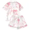 Conjunto de Pijama Cardigan Rosa de Seda Leite Transfronteiriço Europeu e Americano para Mulheres, Shorts de Manga Curta, Roupa de Casa Confortável e Respirável Conjunto Casual