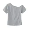 Camiseta de mujer sin hombros de hilo de spandex de 230g, 92% algodón 8% spandex, top casual de verano cómodo y versátil con diseños estampados y bordados