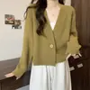 Cardigan Suéter Curto de Manga Longa com Senso de Design Feminino Primavera e Outono Gola V Macio Textura de Cera Estilo Coreano Preguiçoso Slim Top de Tricô