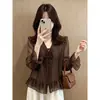 Camisa feminina marrom de manga sino com decote V e mangas compridas, novo estilo outono 2026, top Melard