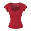 26262-2026 Primavera/Verano Nuevo Estilo Puro Deseo Informal Top de Cuello en U para Mujer, Ajuste Ceñido Sexy Adelgazante Camiseta de Manga Corta