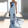2026 Nuevo Estilo Europeo y Americano Marca Independiente Vestido Largo Azul Estampado de un Hombro Elegante Temperamento Vestido de Gala