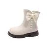 Botines Cortos Forrados de Felpa para Niñas Otoño Invierno Nuevo Estilo Princesa Botas de Cuero con Lazo de Perlas Botas Martin para Niños Botas de Algodón Cálidas