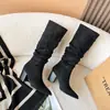 668-2 Celebridade da Internet Botas Caqui de Salto Alto Moda Nova Preto Salto Grosso Botas de Cano Alto Retrô Outono e Inverno Botas Femininas