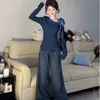 Camiseta de rayas off-shoulder de manga larga estilo coreano para mujer, primavera y otoño, diseño adelgazante, única y casual, top básico moderno