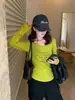 Camiseta de manga larga con cuello redondo y estampado de letras, estilo perezoso de otoño, té verde limón, capa base versátil ajustada 11082