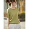 Camiseta fina de tricô de manga curta transfronteiriça para mulheres, novo estilo primavera e outono, gola redonda, caimento solto, comprimento curto, cor sólida, camiseta básica, top, manga curta