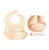 Conjunto de louça infantil prato com compartimento babador de silicone prato resistente a quedas anti-sujo conjunto de louça para bebê garfo colher de silicone em estoque
