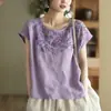 2026 Verano Nuevo Retro Bordado Pesado Algodón Lino Camisa Mujer Temperamento Delgado Jersey Top Artístico