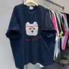 Camiseta de Algodão Puro Estilo Americano de Manga Curta para Homens e Mulheres, Estampa Casual de Cachorro em Desenho Animado, Top Solto de Meia Manga Estilo Streetwear de Alta Qualidade
