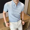 2026 Verano Nuevo Estilo Estilo Old Money Transpirable Lino Cuello de Gaviota Camisa Polo de Punto, Delgado Manga Corta con Puños Camiseta