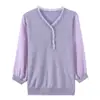 Roupa de Primavera da Mamãe: Camiseta Estilosa com Manga de Renda Fina para Mulheres de Meia-Idade e Idosas, Camisa Básica de Tricô com Manga Três Quartos para o Verão