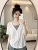 Novedad de Verano Camiseta de Manga Corta Falsa de Dos Piezas para Mujer Casual Holgada de Seda de Hielo Sensación Perezosa Versátil Talla Grande A11717