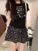 Camiseta de Algodão Puro Manga Curta Feminina Estampada Americana Ombro Direito Gola Redonda Slim Slim Top Hot Girl Verão 2025 Novo Ins