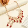 Conjunto de Joias Fashion e Exagerado com Colar e Brincos de Cristal Vermelho em Forma de Gota Cravejados de Diamante para Mulheres, Fabricante de Joias para Casamento