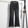 Tiro real talla grande versión estrecha micro-jeans nuevo diseño de borde áspero elástico sentido del diseño pantalón de campana cruzada que adelgaza para chica rellenita