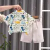 Traje de Dos Piezas para Niños Verano 2024 Camisa de Manga Corta con Cuello de Solapa Estampado de Dibujos Animados y Pantalones Cortos de Algodón Fabricante Venta al por Mayor