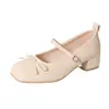 2026 Primavera/Otoño Nuevo Lazo de Mariposa de Una Correa Tacón Grueso con Falda Gamuza Versátil Zapatos de Ballet Individuales para Mujer
