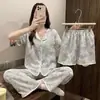 [Conjunto de tres piezas de bloques de construcción] Pijama estilo coreano cómodo absorbente de sudor verano estilo ins de dibujos animados dulce para niña conjunto para mujer