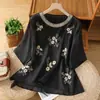 Camiseta de Algodón Bordada Floral Retro de Manga Media para Mujer, Top Casual Versátil Delgado y Holgado de Verano con Cuello Redondo para Mujer