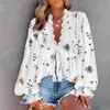 Camisa de Chifón Floral con Cuello en V de Encaje, Estilo Nuevo Transfronterizo Europeo y Americano, Holgada, Manga de Farol, Moda para Mujer, Primavera y Otoño 2025