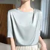 Camiseta de cor sólida estilo coreano leve para o verão com gola redonda, mangas curtas, toque de alta qualidade, top de cetim de acetato plissado, camisa da moda de corte solto
