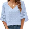 2022 Amazon Europa y Estados Unidos transfronterizo gasa 3 4 manga color liso flor de pezuña corta cuello en V temperamento camisa de punto para commuting Mujer