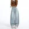 Jeans de Pierna Ancha Bordados Americanos Azul Claro de Moda 2026 Pantalones Rectos Sueltos de Cintura Alta Nuevos para Mujer de Largo Hasta el Suelo