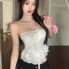 Chaleco estilo francés con lazo de encaje, cuello halter, hombros descubiertos, espalda hermosa, corte entallado, top combinable con almohadilla para el pecho para mujer