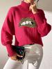 Camiseta Base de Mujer Transfronteriza Europea y Americana para Mujer Otoño e Invierno Lentejuelas Bordadas Dibujos Animados Labios Costuras Suéter de Cuello Alto
