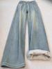 Jeans de Pierna Recta de Forro Polar Azul Claro para Mujer, Talla Grande Holgados, Figura de Pera, Cintura Alta, Cubre Cadera, Pantalones de Pierna Ancha Adelgazantes