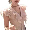 2026 Doce Verão Rosa Manga Curta Novo Emagrecedor Folha de Lótus Design de Camisa Top Curto Bolinhas Francesas