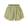 Shorts de Cetim com Renda Doce e Picante, Novo Estilo de Verão, Cintura Elástica com Cordão, Caimento Solto, Hot Pants Casuais Retos Emagrecedores para Mulheres
