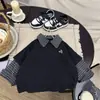 Camisa POLO Infantil Estilo Patchwork Retro Falso Dos Piezas Temporada de Primavera y Otoño Camiseta de Manga Larga con Cuello a Cuadros para Niño Estilo Coreano Niños