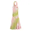 Estilo Europeo y Americano Comercio Exterior Nuevo para Mujer Verano 2025 Moda Vestido Largo Ajustado sin Mangas con Estampado y Cuello Halter