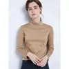 Camiseta de manga larga para mujer de algodón puro de alta calidad con cuello semi-alto, cuello blanco pequeño de pie, corte ligeramente holgado, adecuada para primavera y otoño, se puede usar como capa interior o sola, moderna