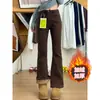 Calça Jeans Flare Grossa Forrada com Lã Cor de Café para Mulheres, Novo Inverno Tamanho Grande Cintura Alta Emagrecedora Elástica Boca de Sino