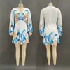 Vestido Nuevo Estampado de Cuello en V Transfronterizo de Amazon, Mangas Abullonadas a la Moda, Falda Corta de Mangas Largas de Cintura Alta, Ropa para Mujer Estilo Europeo y Americano