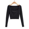 Verano Moda Europea y Americana para Mujer Color Sólido Cuello Cuadrado Sin Dedos Manga Larga Ajustada Camiseta Base C7699 Estilo Elegante para Ir al Trabajo