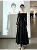 Vestido negro de manga larga sin hombros, ceñido a la cintura estilo francés, cuerpo en forma de pera, vestido largo de alta gama Berkeley, atuendo de cumpleaños